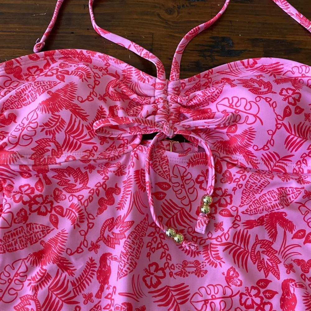 No Boundaries Pink Tropical Toucan Cheeky High Leg 1-Piece Swimsuit Medium 8-10